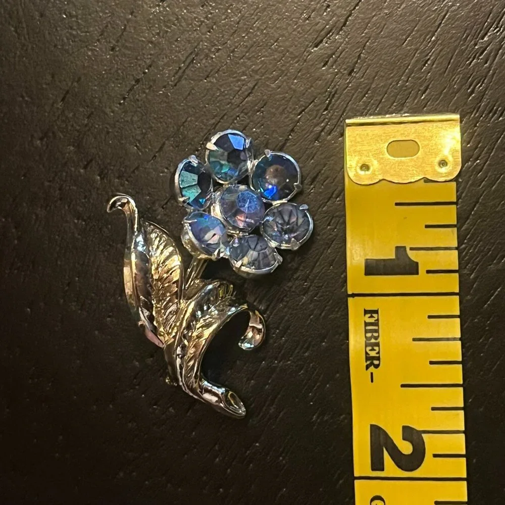 Vintage Flower Brooch with Aurora Borealis AB Blue Stones